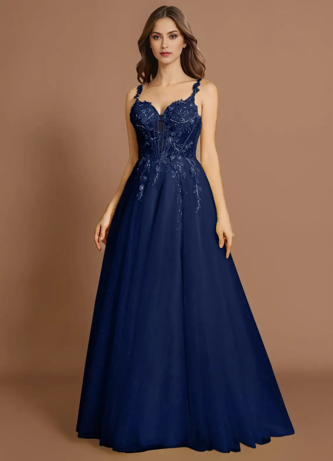 Lace Appliqué Spaghetti Strap Tulle Ballgown Lace Up Back Floor Length Female Prom Dress