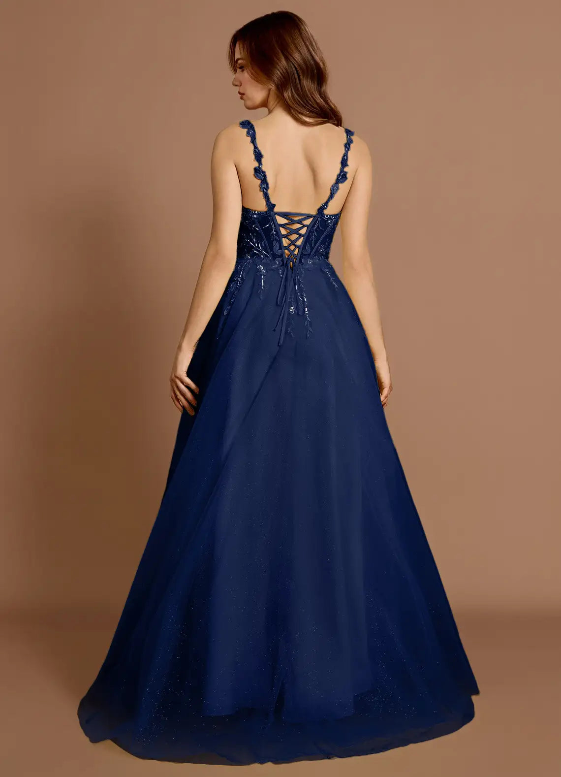 Lace Appliqué Spaghetti Strap Tulle Ballgown Lace Up Back Floor Length Female Prom Dress