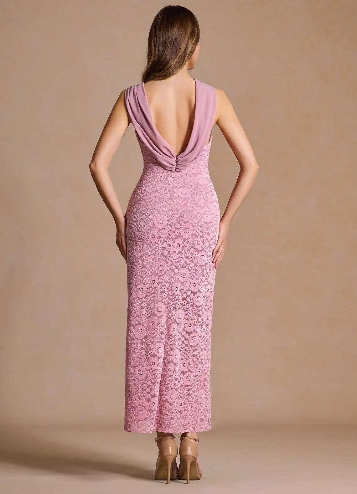 Lace Bodice Sheath Halter Neck Draped Back Midi Length For Sale Prom Dress