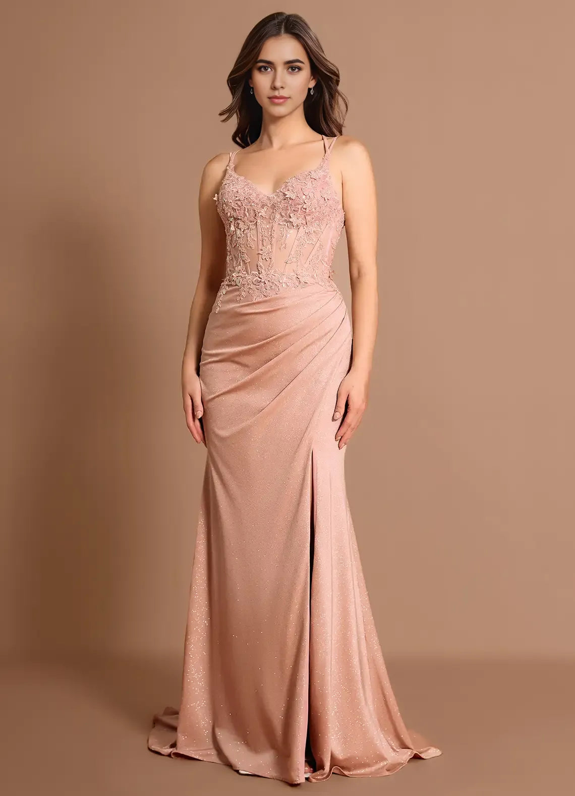 Lace Embellished Mermaid Plunging V Neck Spaghetti Strap Crisscross Lace Up Back Floor Length For Sale Prom Dress