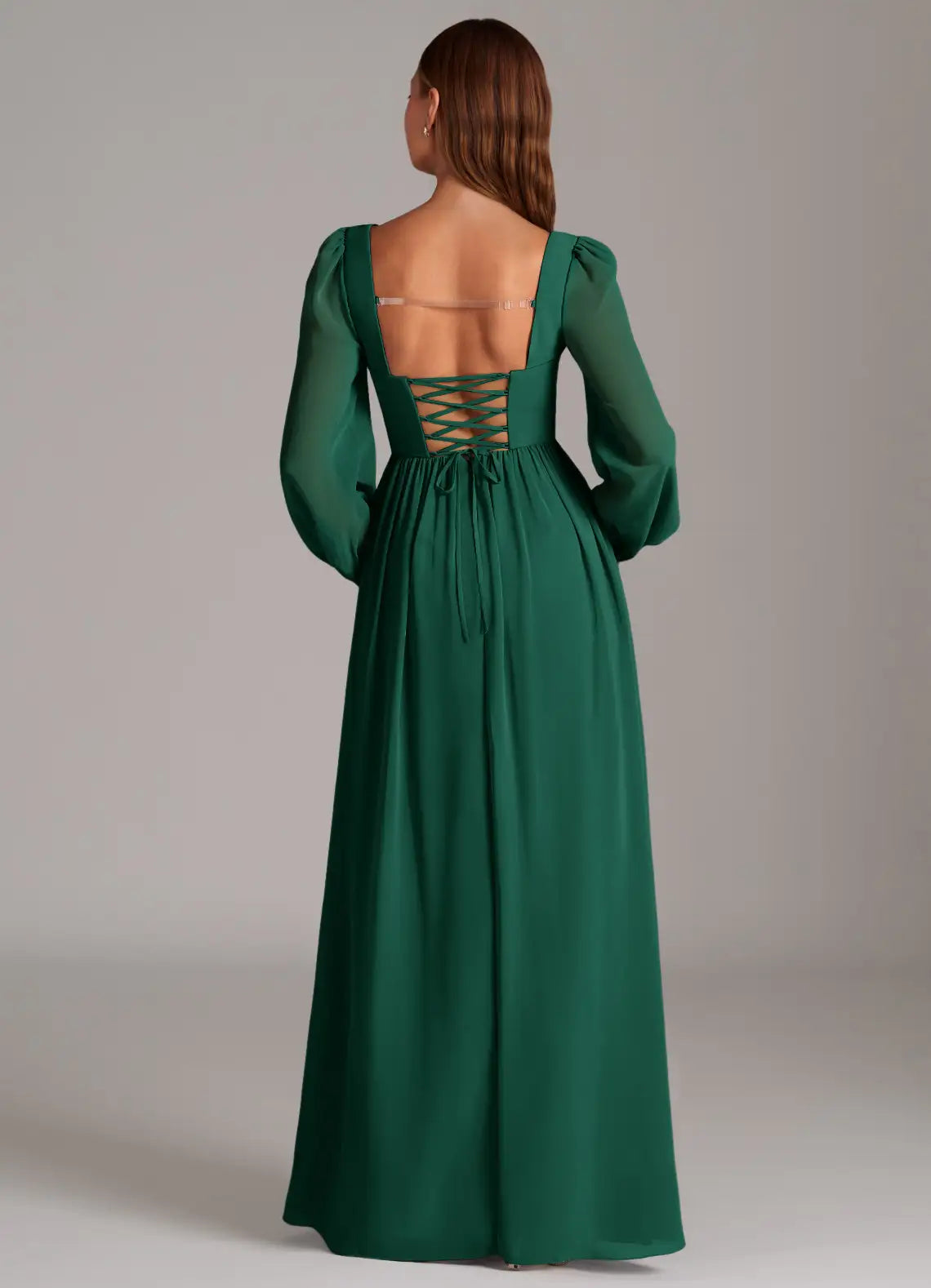 Lace Up Back Square Neck Chiffon A Line Sheer Sleeve Floor Length For Ladies Prom Dress