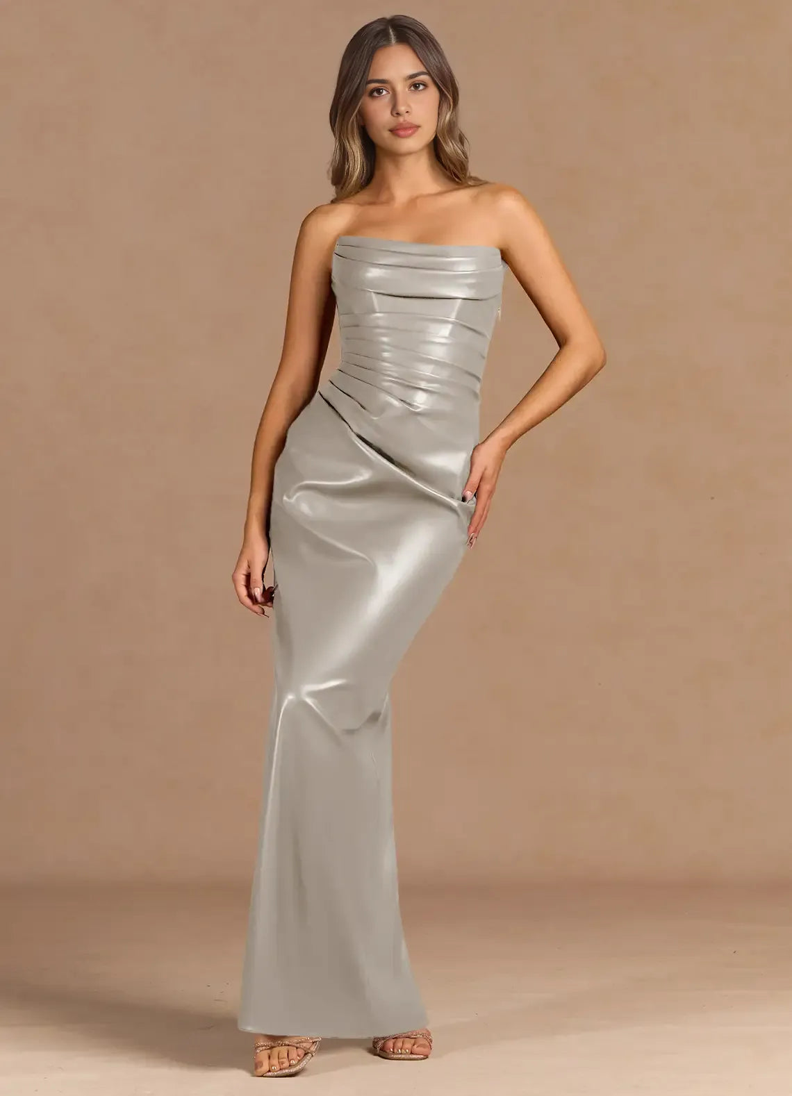 Lace Up Back Strapless Satin Mermaid Ruched Bodice High Slit Floor Length For Women Prom Dress