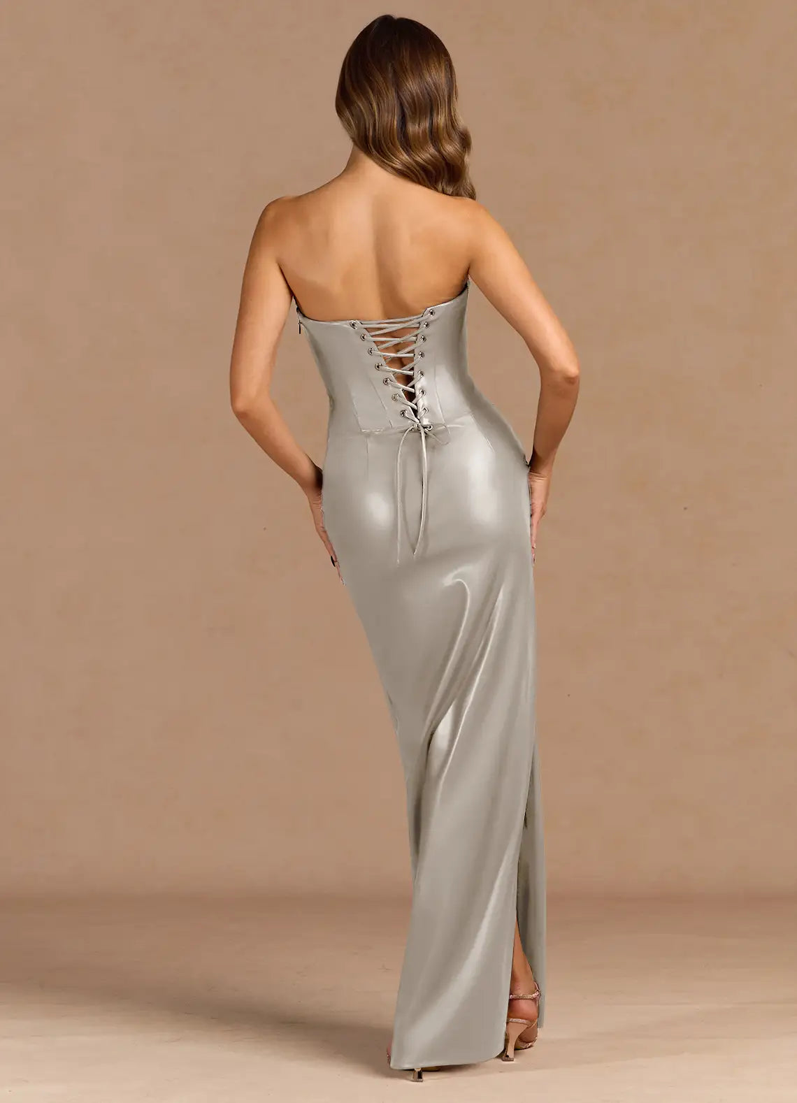 Lace Up Back Strapless Satin Mermaid Ruched Bodice High Slit Floor Length For Women Prom Dress