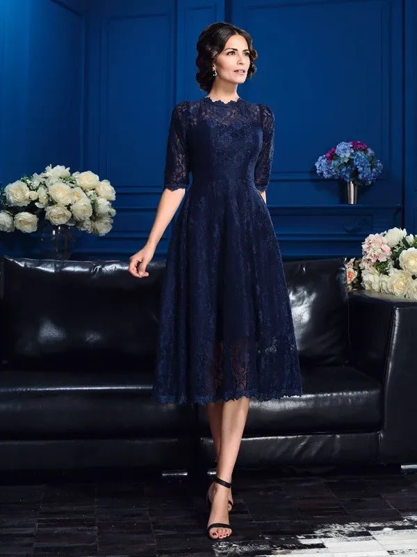 Lace Jewel Short Sleeves Tea-Length With Lace Mother of the Bride Dresses