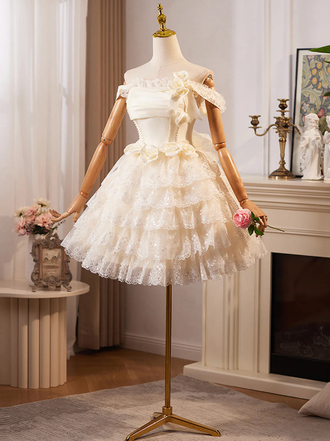 Lace Layer Champagne Knee Length Prom Dress Off the Shoulder Evening Party Dress Homecoming Dresses