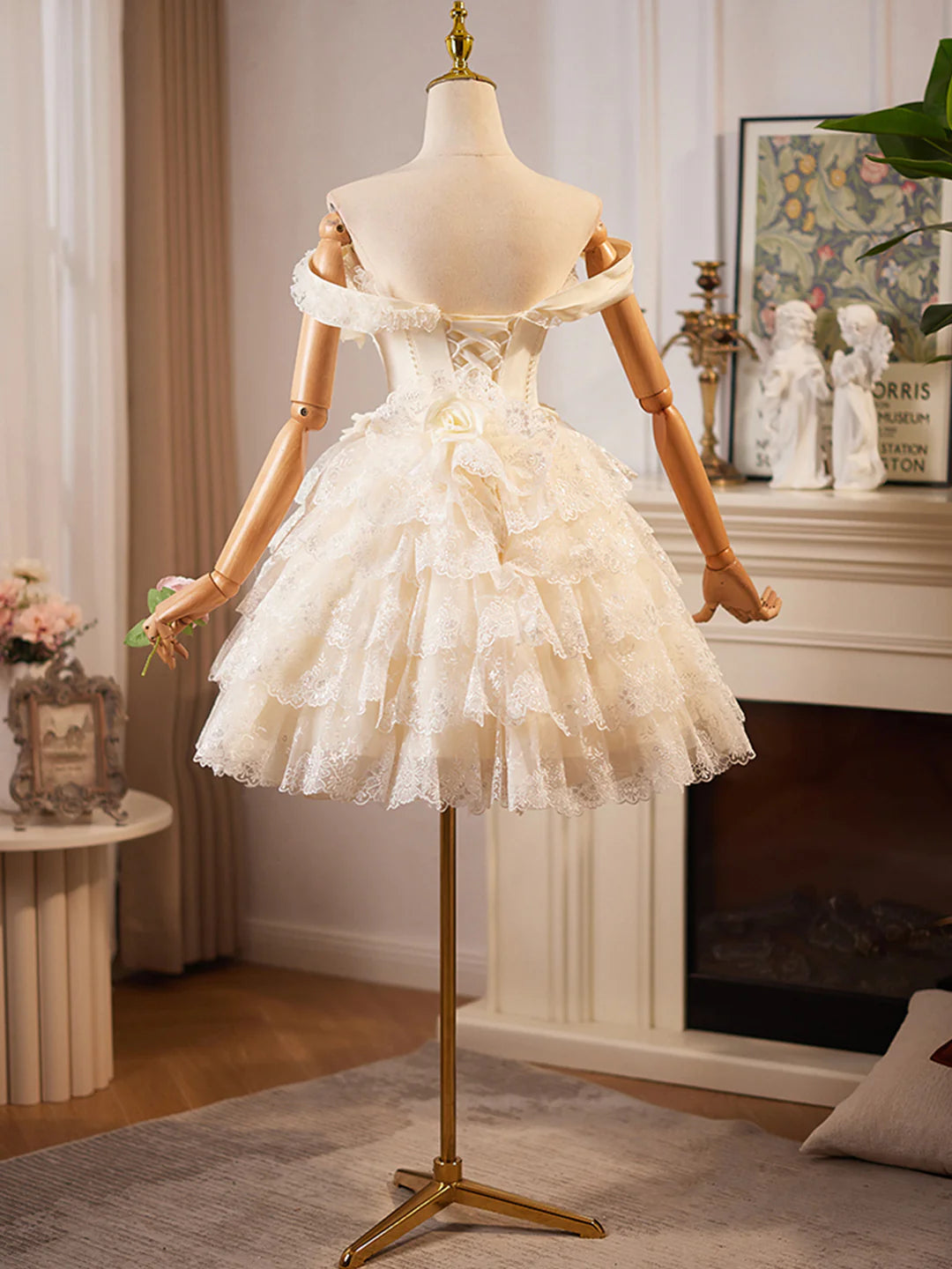 Lace Layer Champagne Knee Length Prom Dress Off the Shoulder Evening Party Dress Homecoming Dresses