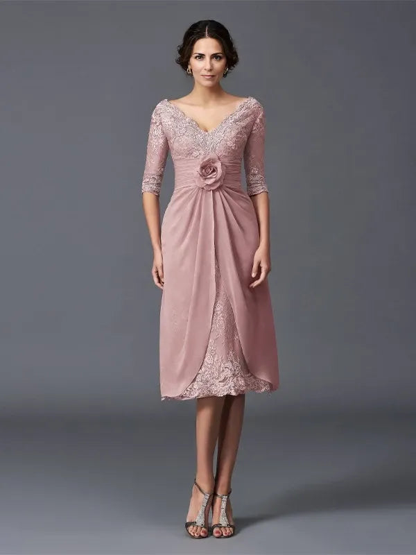 Lace V-neck Short Sleeves Tea-Length With Hand-Made Flower Mother of the Bride Dresses