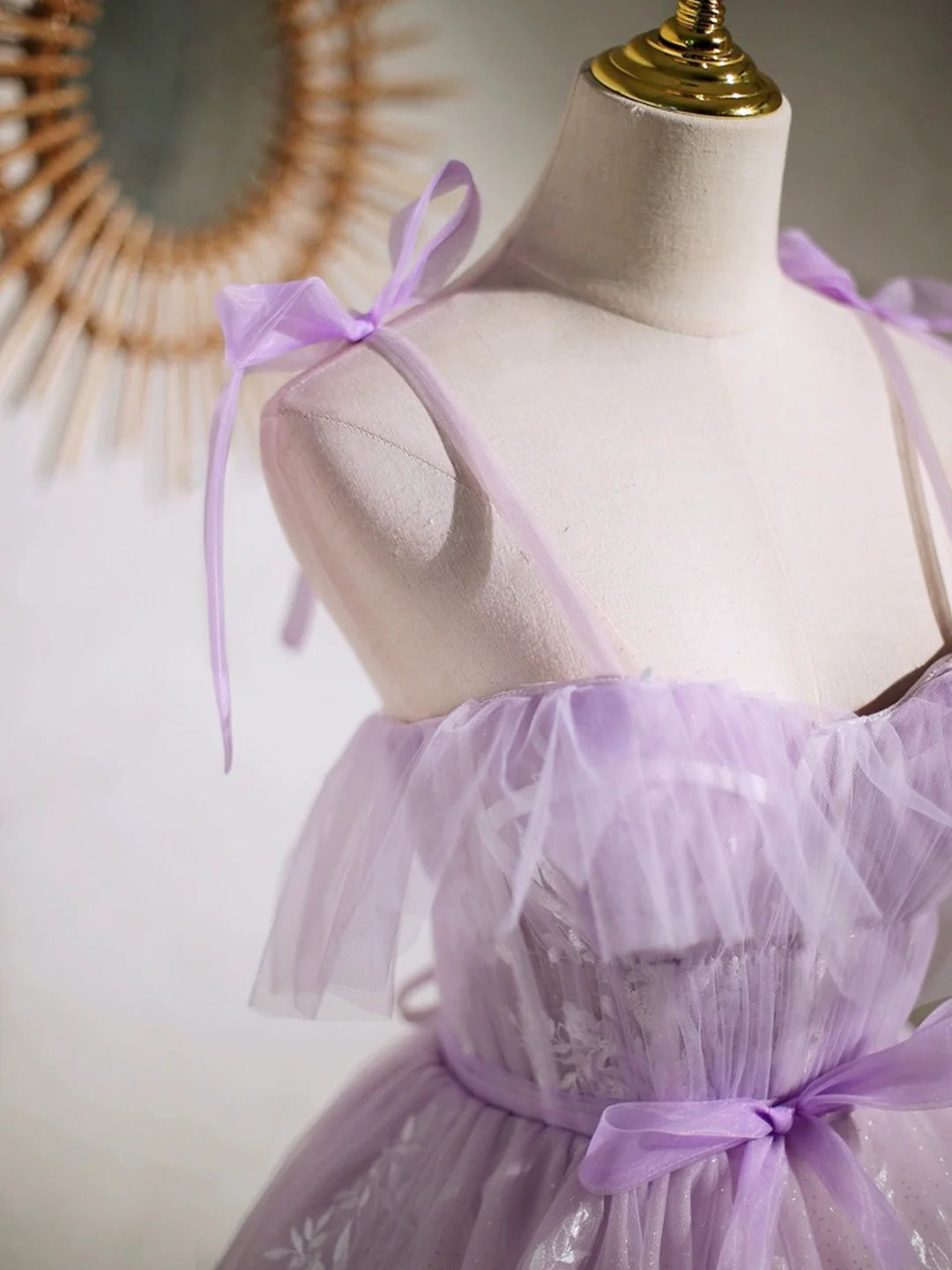 Lavender A-Line Lovely Spaghetti Strap Tulle Lace Short Prom Dress Party Dress