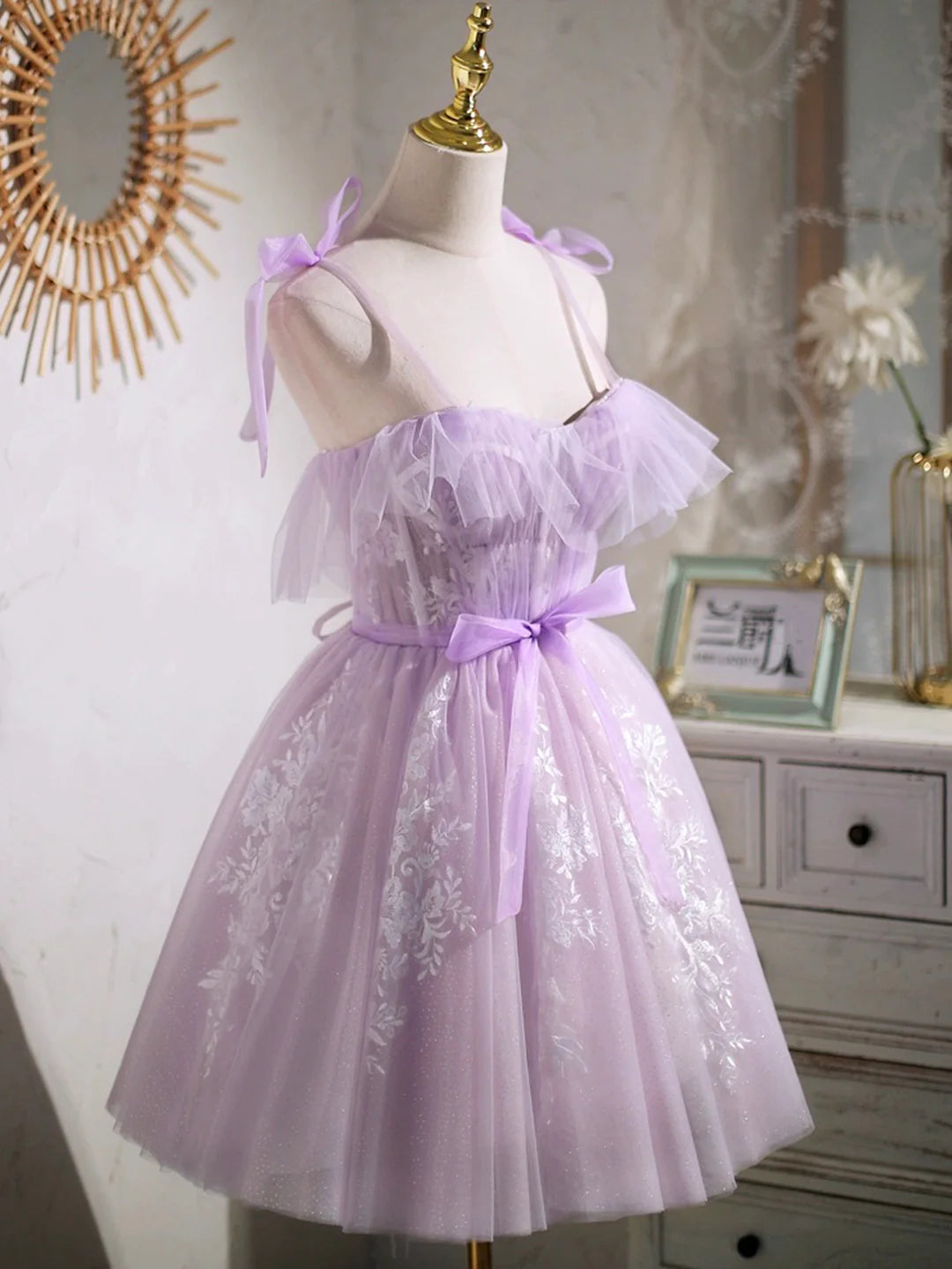 Lavender A-Line Lovely Spaghetti Strap Tulle Lace Short Prom Dress Party Dress