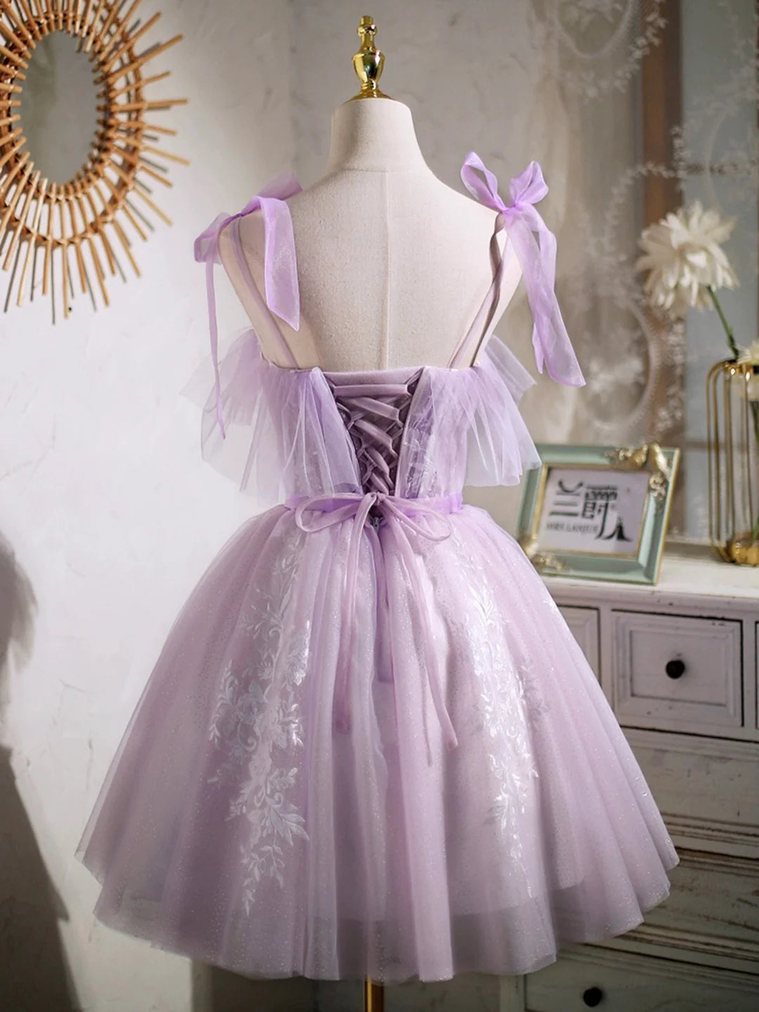 Lavender A-Line Lovely Spaghetti Strap Tulle Lace Short Prom Dress Party Dress