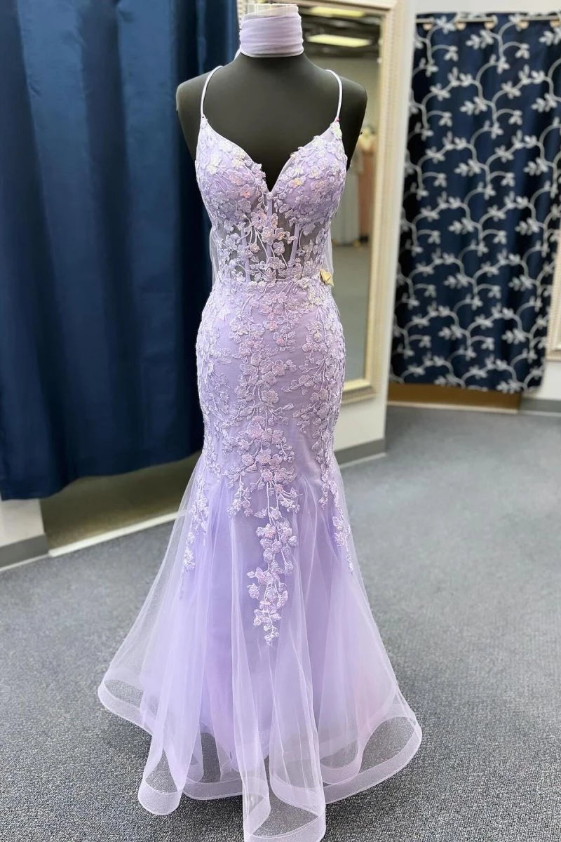 Lavender Spaghetti Straps Mermaid With Appliques Floor-Length Evening Dresses Evening Dresses Prom Dress