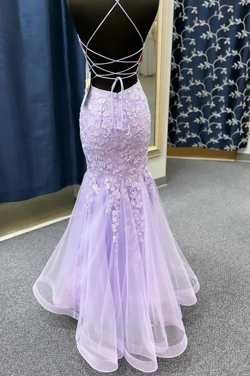 Lavender Spaghetti Straps Mermaid With Appliques Floor-Length Evening Dresses Evening Dresses Prom Dress