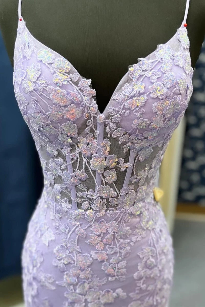 Lavender Spaghetti Straps Mermaid With Appliques Floor-Length Evening Dresses Evening Dresses Prom Dress