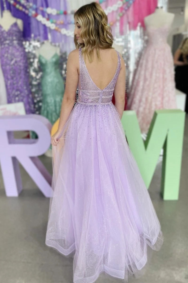 Lavender Tulle Hot Stone V-Neck Backless A-Line Sleeveless Floor-Length Lace-up Back Evening Dresses Evening Dresses Prom Dress