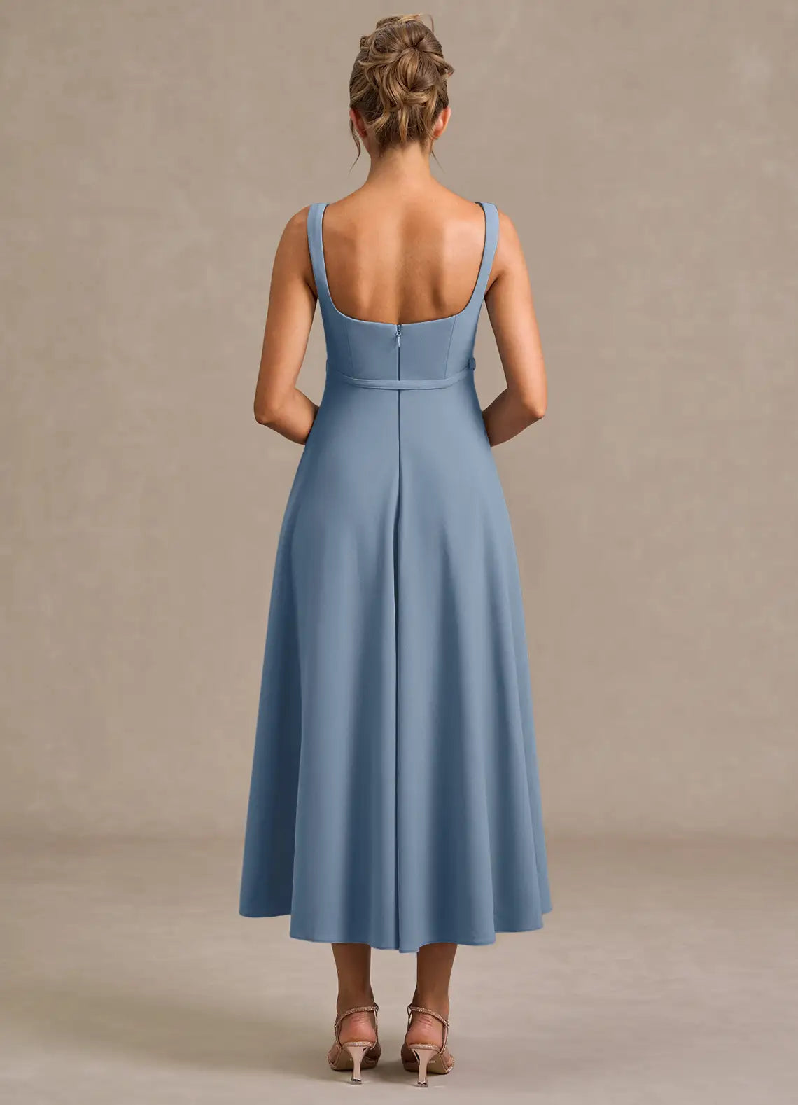 Light Fit and Flare Square Neck Sleeveless Square Back Midi Length For Ladies Prom Dress