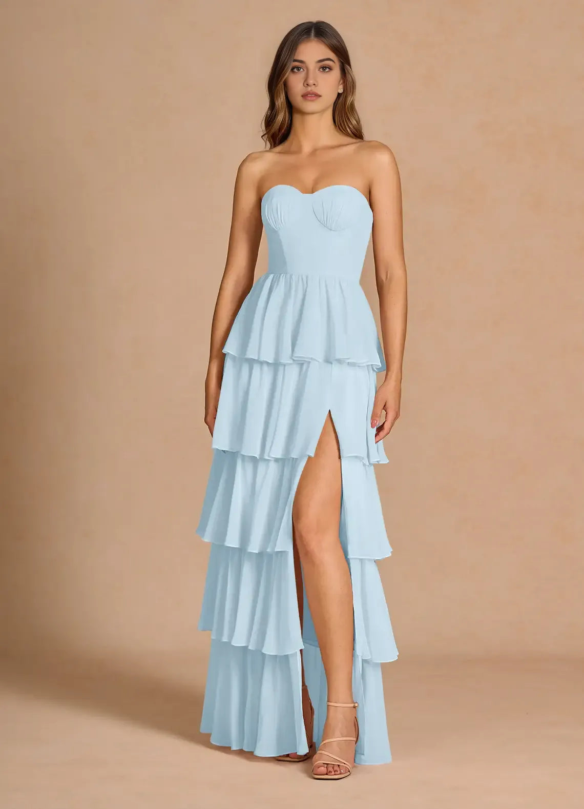 Light Tiered Strapless Sleeveless Open Back Floor Length For Ladies Prom Dress