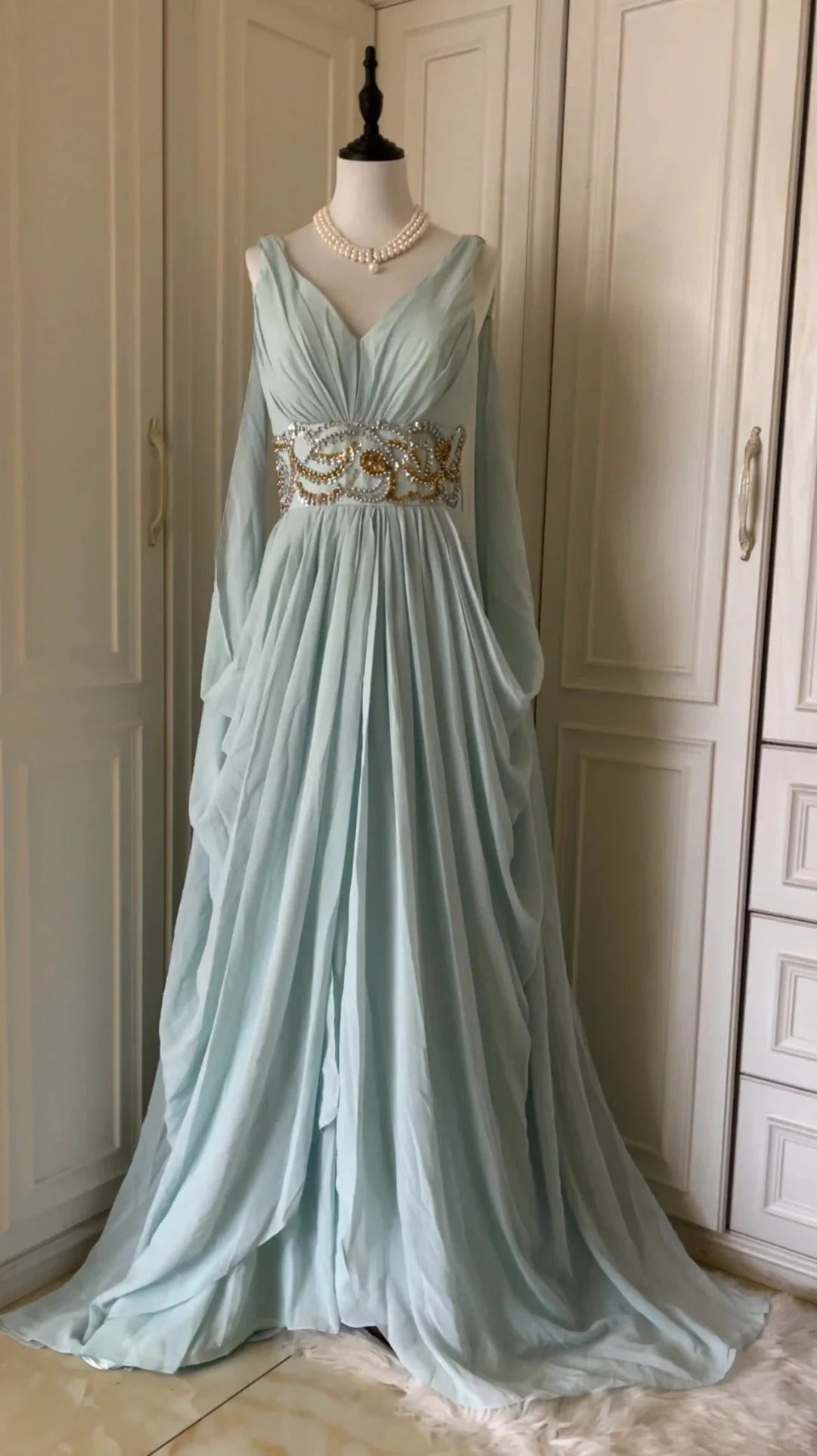 Light Blue Fashionable Elegant Greek Goddess Gown Long Chiffon Floor Length Trailing Ball Gown Evening Dress Party Dress