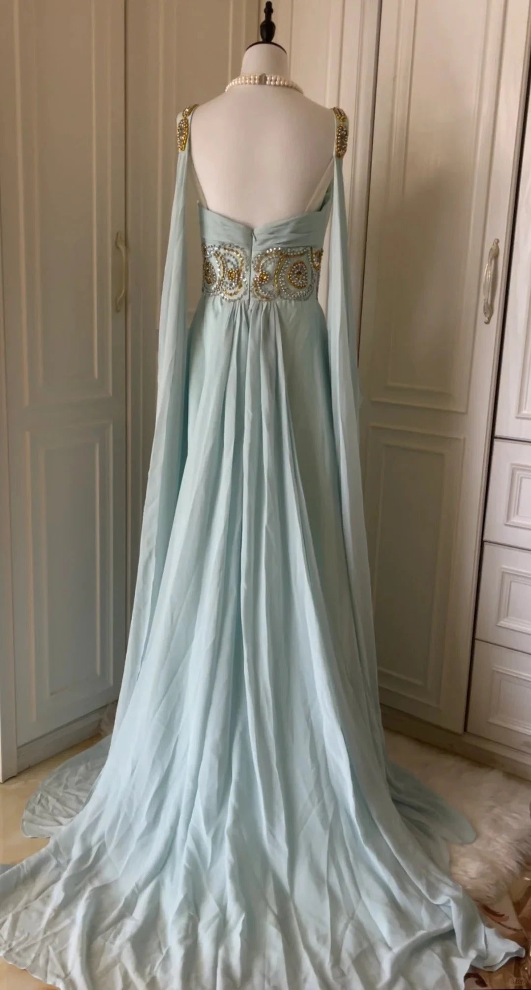 Light Blue Fashionable Elegant Greek Goddess Gown Long Chiffon Floor Length Trailing Ball Gown Evening Dress Party Dress