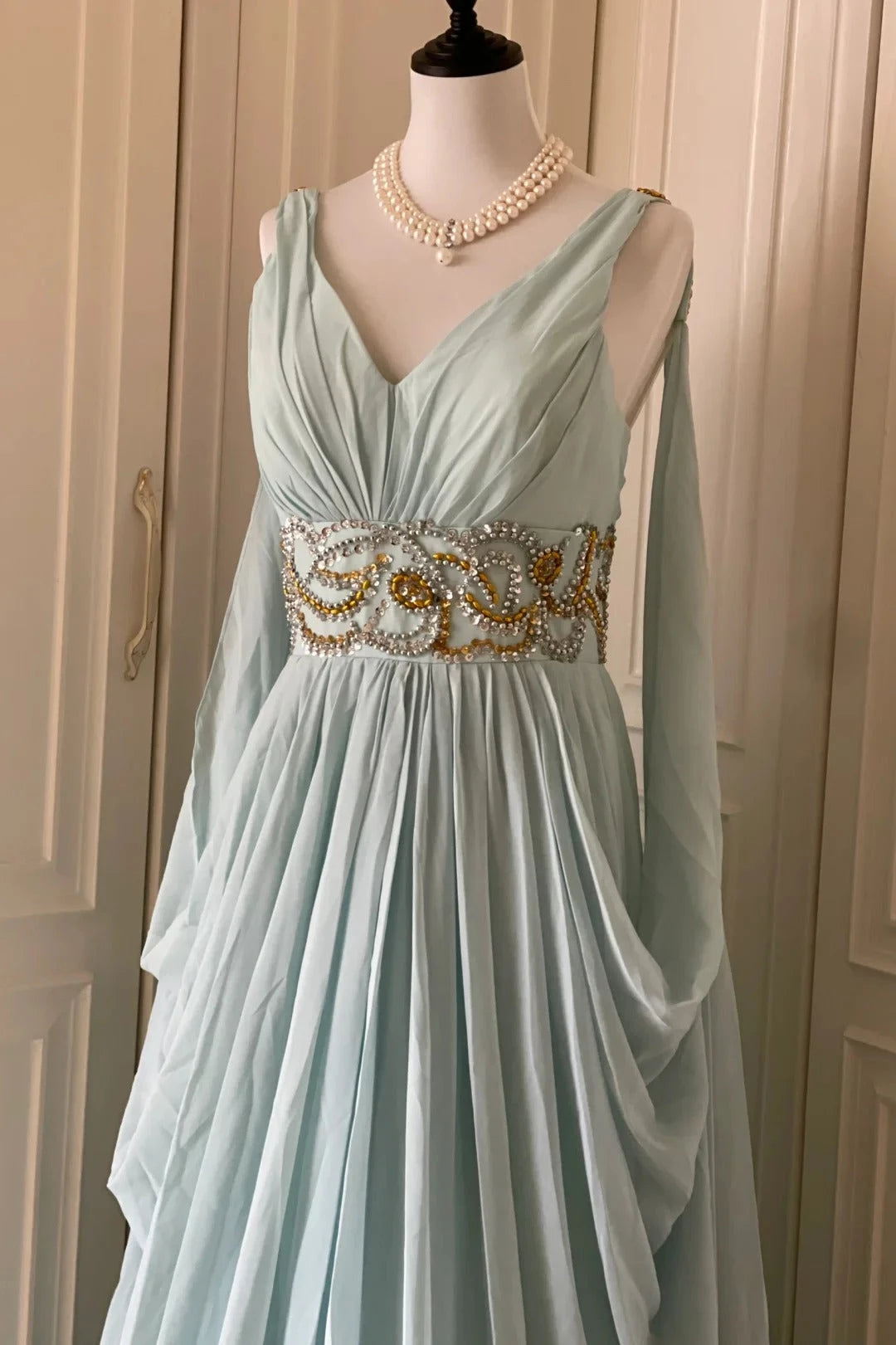 Light Blue Fashionable Elegant Greek Goddess Gown Long Chiffon Floor Length Trailing Ball Gown Evening Dress Party Dress