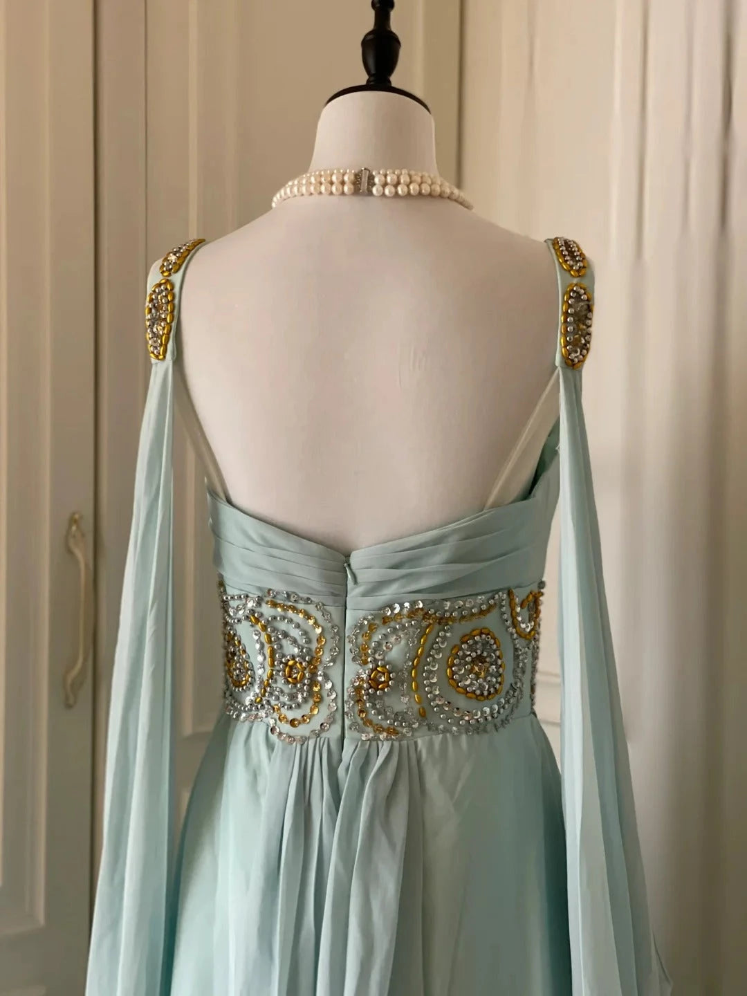 Light Blue Fashionable Elegant Greek Goddess Gown Long Chiffon Floor Length Trailing Ball Gown Evening Dress Party Dress