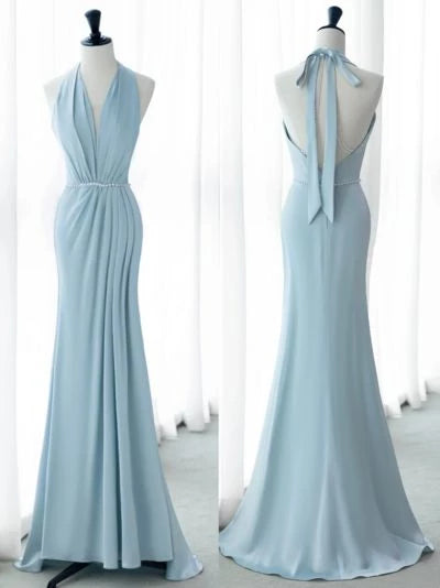 Light Blue Halter Backless Mermaid Long Sleeveless Off-the-shoulder Prom Dress Party Dress Cocktail Dress Homecoming Dress Evening Dress