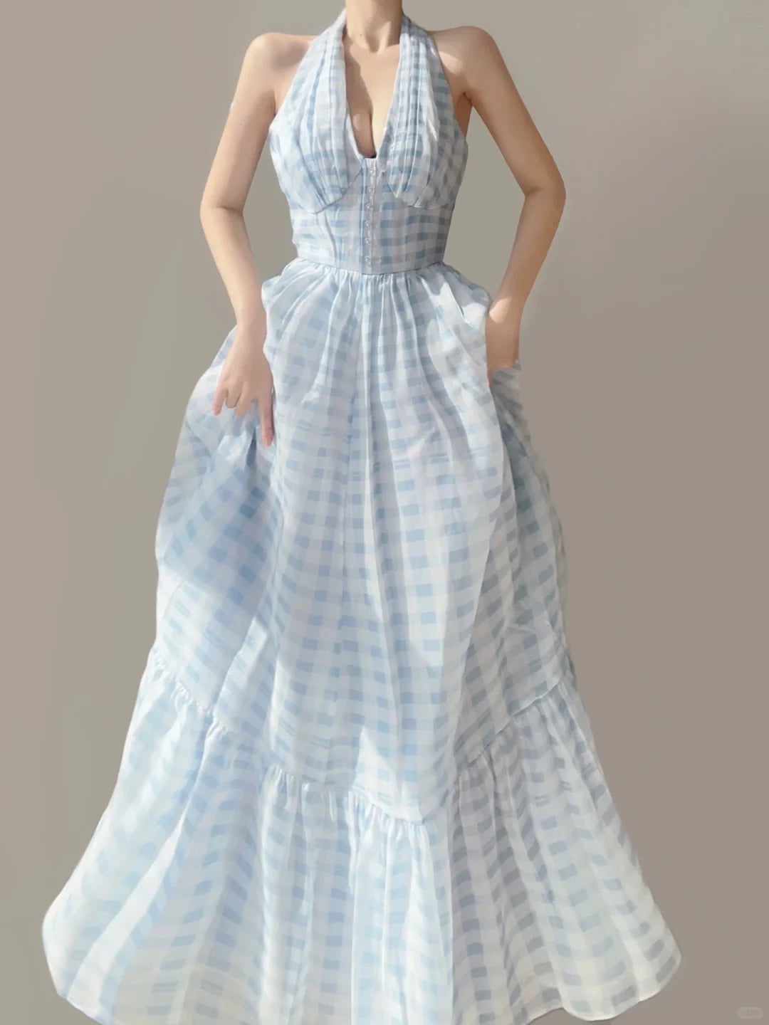 Light Blue Halter Neck A-Line Floor length Sleeveless Off-the-shoulder Prom Dress Cocktail Dress Homecoming Dress Evening Dress Party Dress