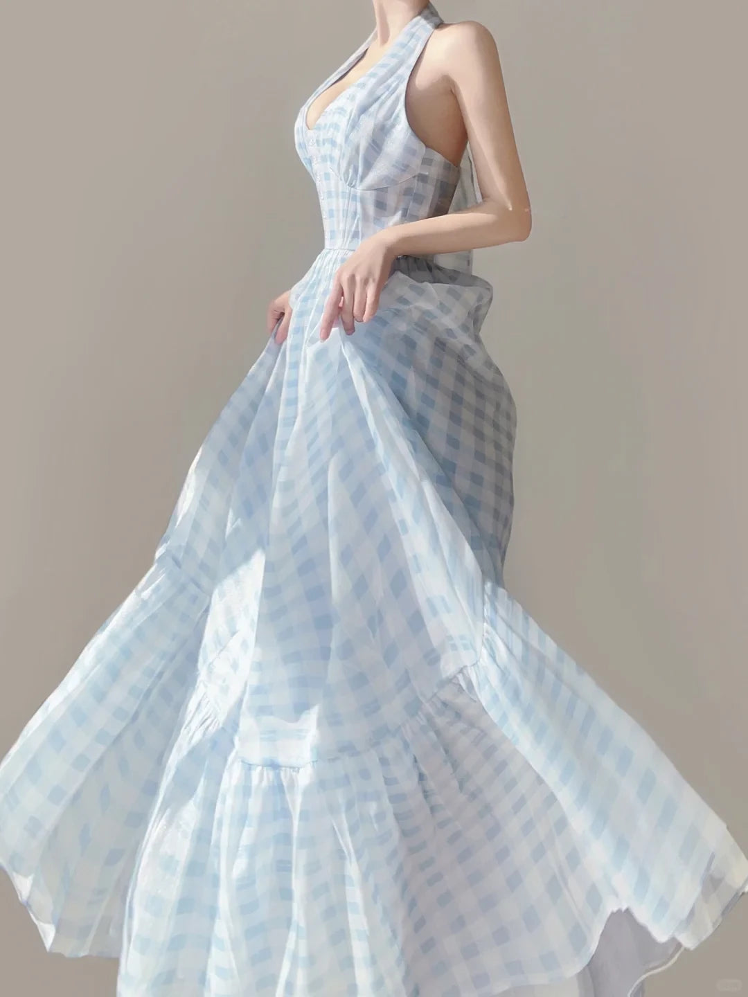 Light Blue Halter Neck A-Line Floor length Sleeveless Off-the-shoulder Prom Dress Cocktail Dress Homecoming Dress Evening Dress Party Dress