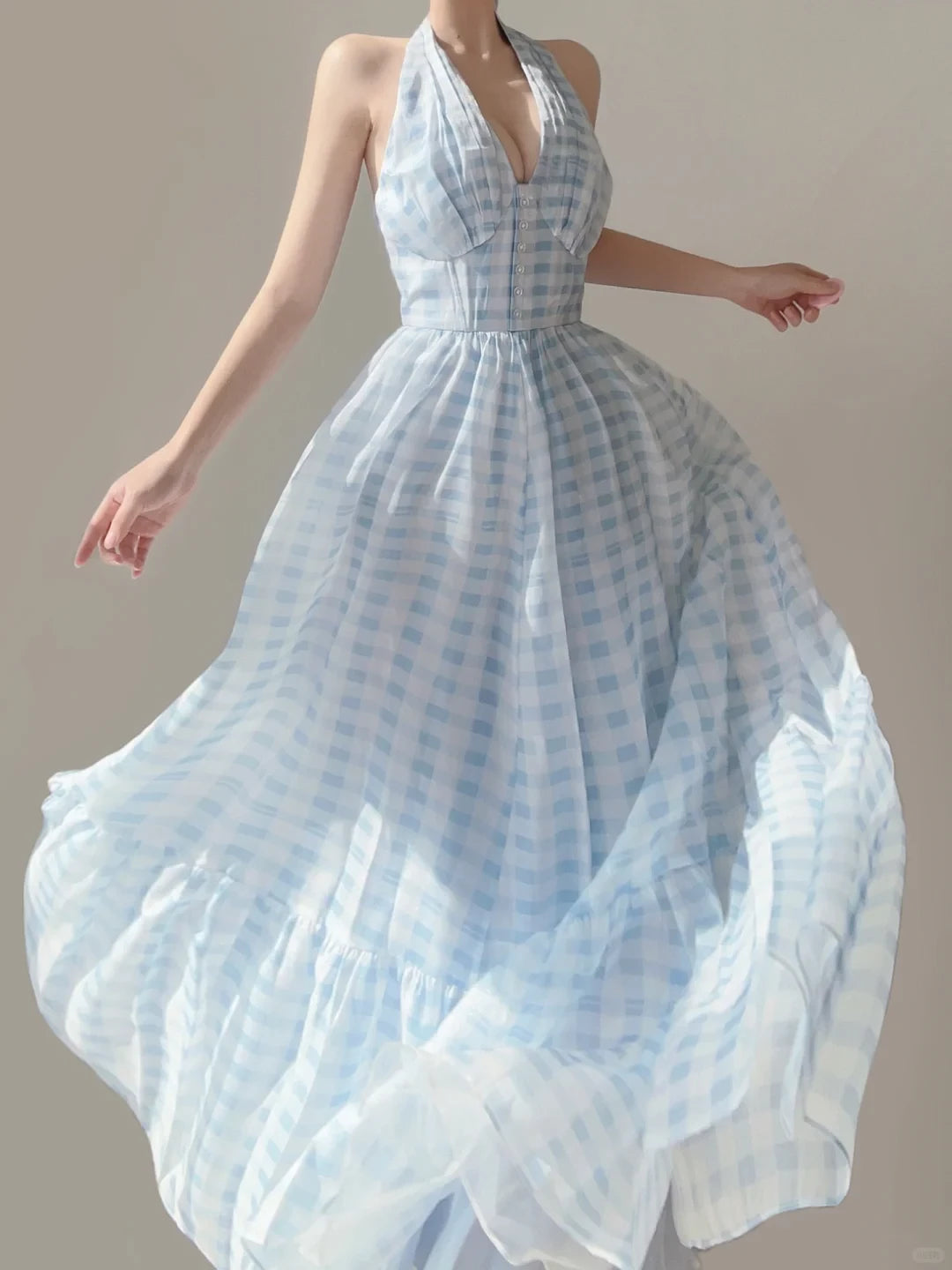 Light Blue Halter Neck A-Line Floor length Sleeveless Off-the-shoulder Prom Dress Cocktail Dress Homecoming Dress Evening Dress Party Dress