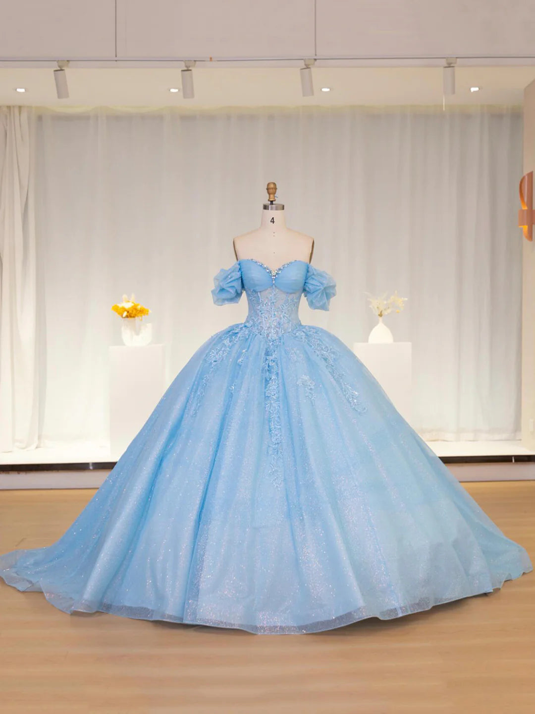 Light Blue Luxury Cinderella Ball Gown Lace Princess Sweet 16 Dresses Wedding Dresses