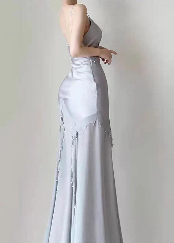 Light Blue Spaghetti Straps Mermaid Satin Long Prom Dress Cocktail Dress Homecoming Dress Evening Dress Party Dress