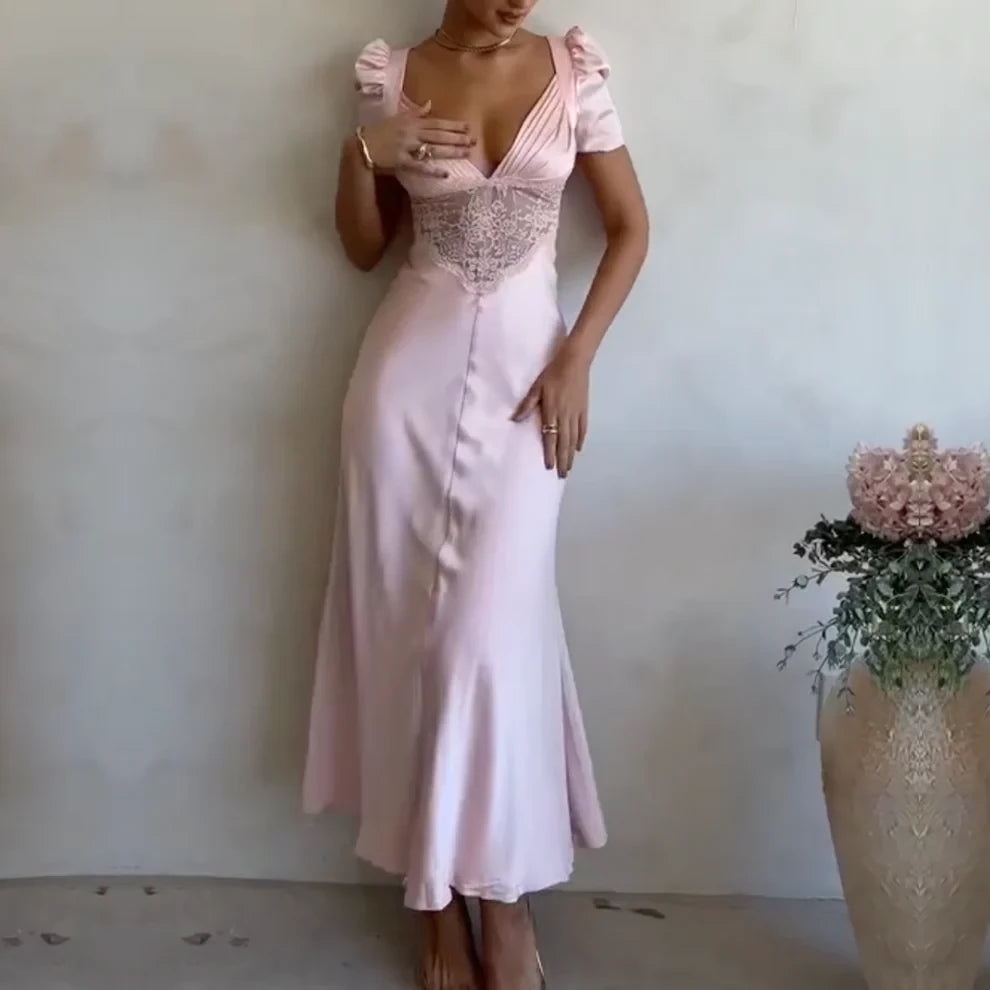 Light Pink Elegant Lace Satin Short Sleeves Ankle length Prom Dress Cocktail Dress Homecoming Dress Evening Dress Party Dress