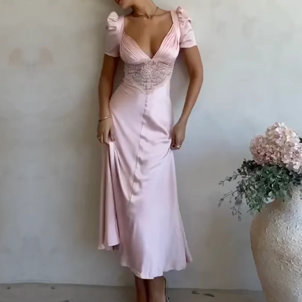 Light Pink Elegant Lace Satin Short Sleeves Ankle length Prom Dress Cocktail Dress Homecoming Dress Evening Dress Party Dress