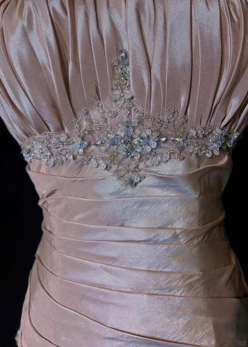 Light Pink Straps Mermaid Beading Vintage Sleeveless Off-the-shoulder Long Prom Dress Cocktail Dress Homecoming Dress Evening Dress Party Dress