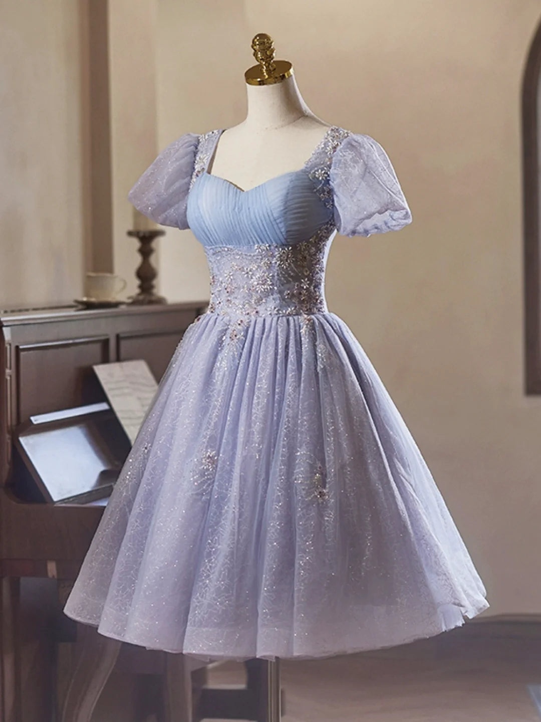 Light Purple Tulle Knee length Short Sleeves Homecoming Dress Beautiful Knee Length Prom Party Dress Homecoming Dresses