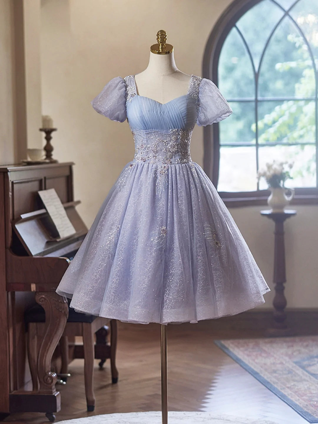 Light Purple Tulle Knee length Short Sleeves Homecoming Dress Beautiful Knee Length Prom Party Dress Homecoming Dresses