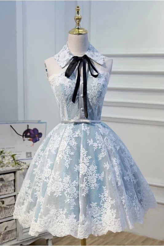 Light Sky Blue Halter with Lace Appliques Cute Short Formal Dress Party Dresses Homecoming Dresses  ﻿