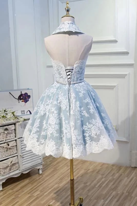Light Sky Blue Halter with Lace Appliques Cute Short Formal Dress Party Dresses Homecoming Dresses  ﻿