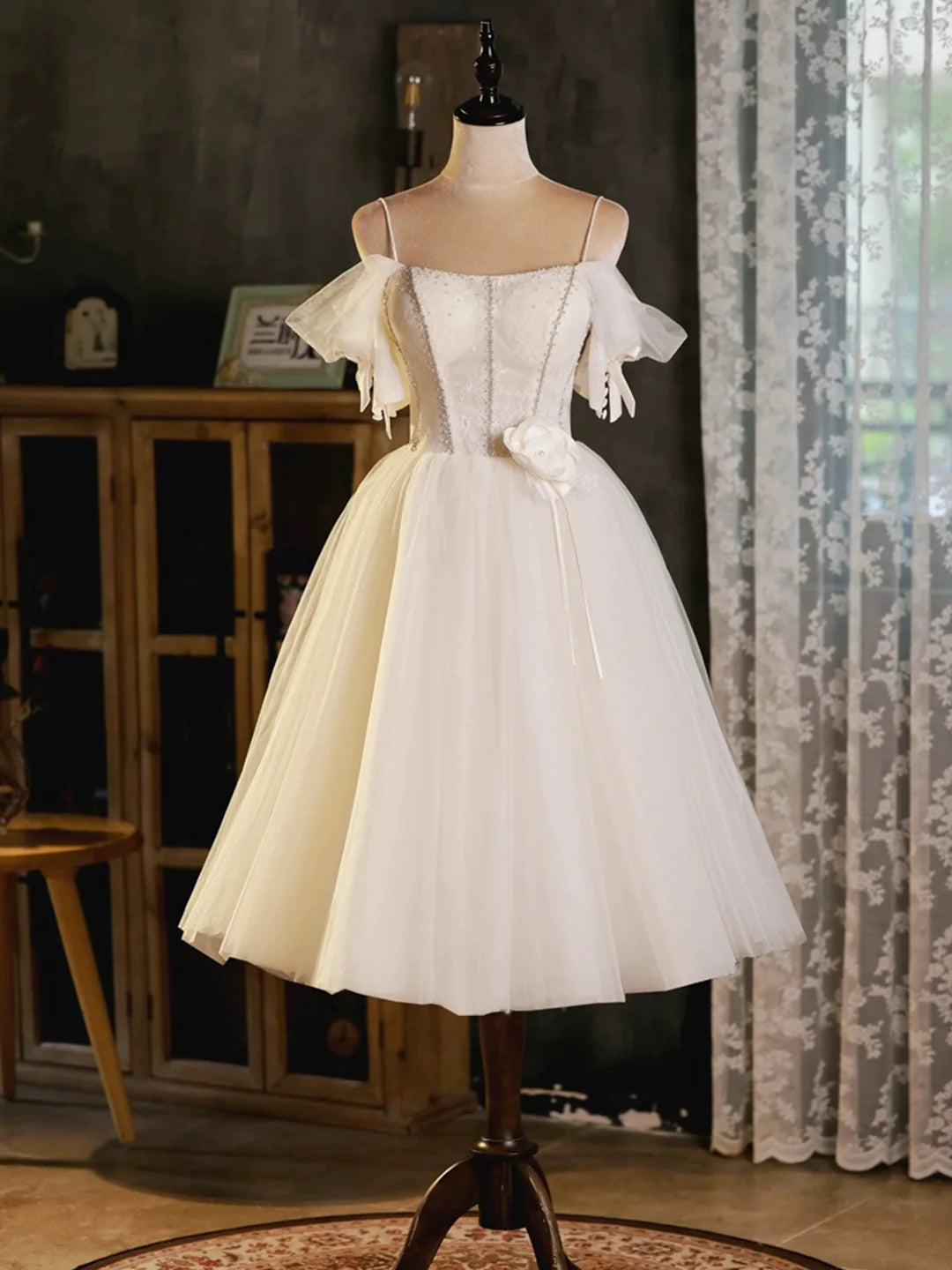 Light Strap Champagne Spaghetti Tulle Party Dress Beautiful A-Line Evening Prom Dress