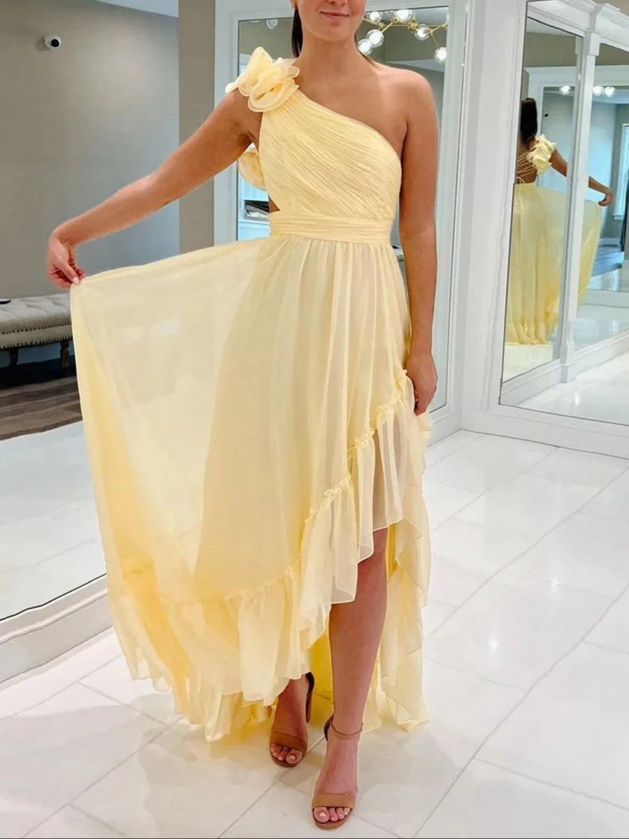 Light Yellow A-line One Shoulder Lace-Up Pleated Ruffle High-Low Evening Dresses Evening Dresses Prom Dress