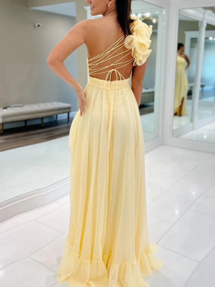 Light Yellow A-line One Shoulder Lace-Up Pleated Ruffle High-Low Evening Dresses Evening Dresses Prom Dress