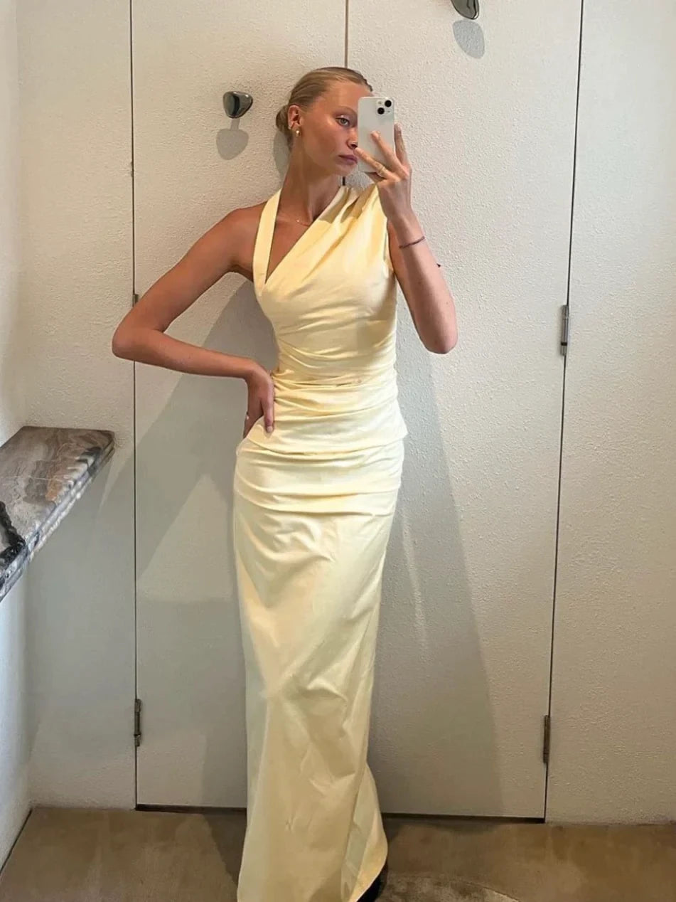 Light Yellow Halter Sleeveless Ankle length Prom Dress Cocktail Dress Homecoming Dress Evening Dress Party Dress