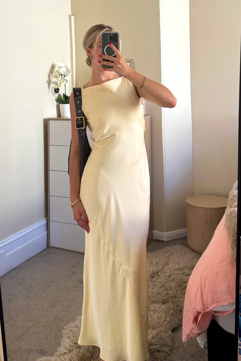 Light Yellow Sleeveless Satin Backless Elegant Long Prom Dress Cocktail Dress Homecoming Dress Evening Dress Party Dress