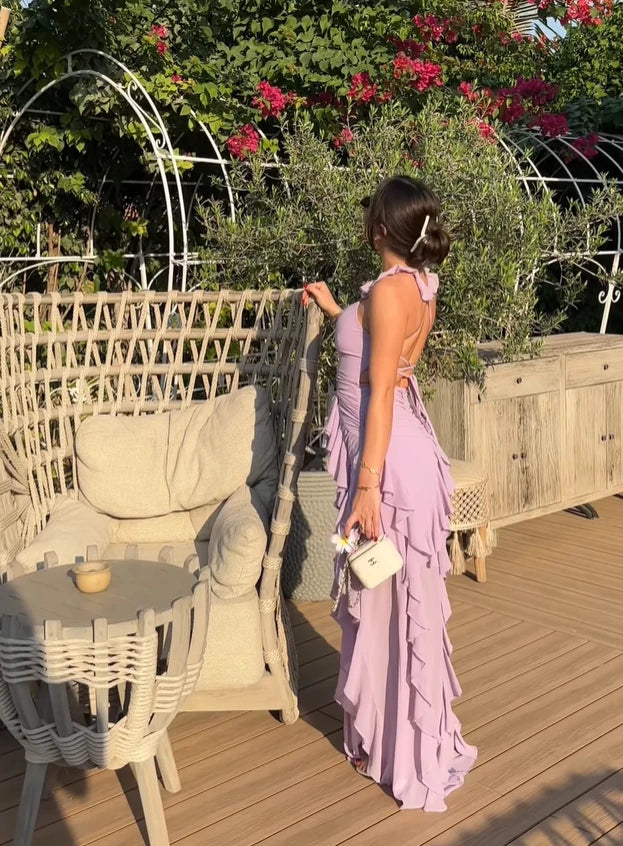 Lilac Flowy Sheath Spaghetti Strap Ruffle Chiffon Floor length Sleeveless Prom Dress Cocktail Dress Homecoming Dress Evening Dress Party Dress