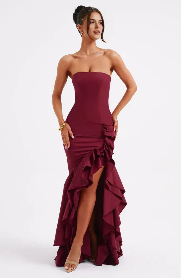 Lively Mermaid Strapless Ruffle Accent Open Back Floor Length Female Evening Dress ﻿