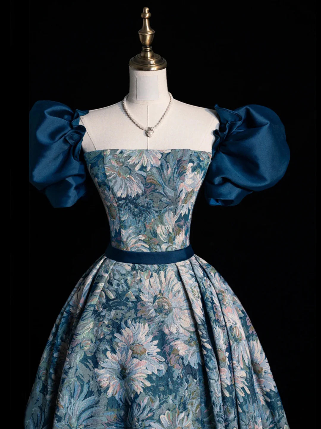 Long Ball Blue Printed Gown Elegant A-Line Short Sleeve Evening Dress