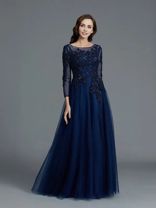 Long Sleeves  A-Line Scoop With Beading Floor-Length Tulle Mother of the Bride Dresses