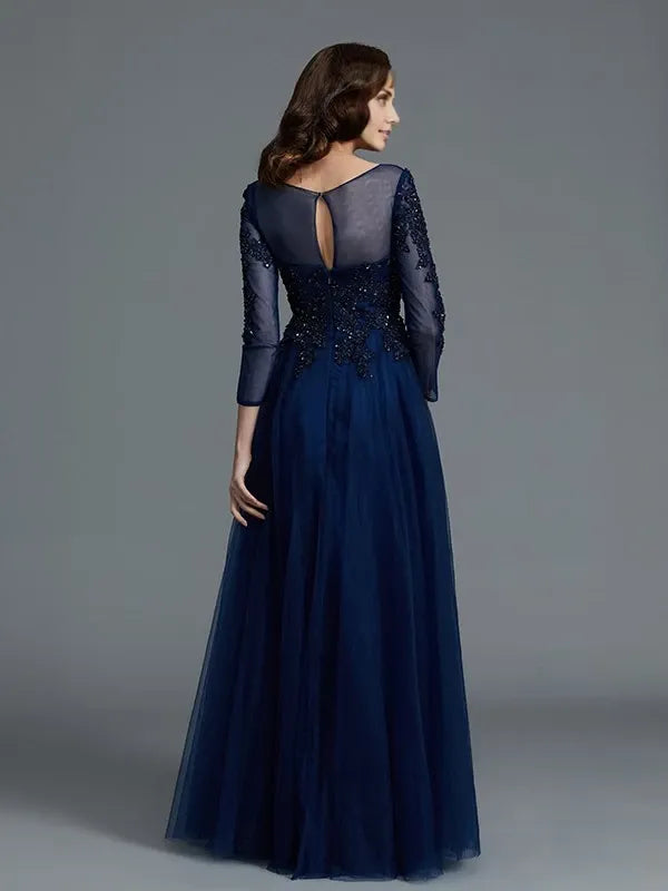Long Sleeves  A-Line Scoop With Beading Floor-Length Tulle Mother of the Bride Dresses