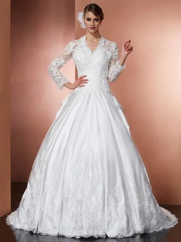Long Sleeves Satin V-neck Cathedral Train With Applique Wedding Dresses