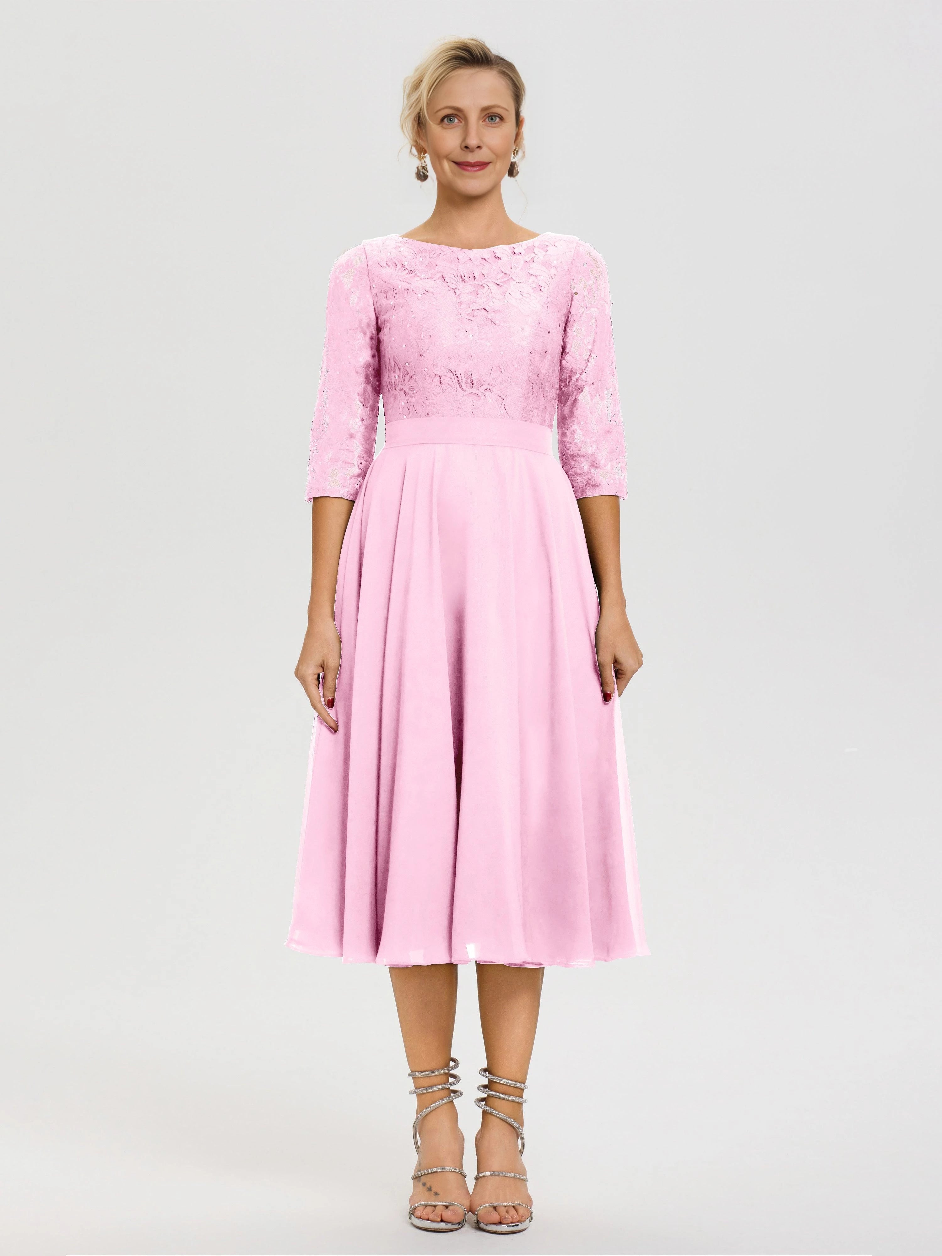 Lovely A Line Boat Neck Three Quarter Sleeve Zip Back Midi Length Mother of the Bride Dress