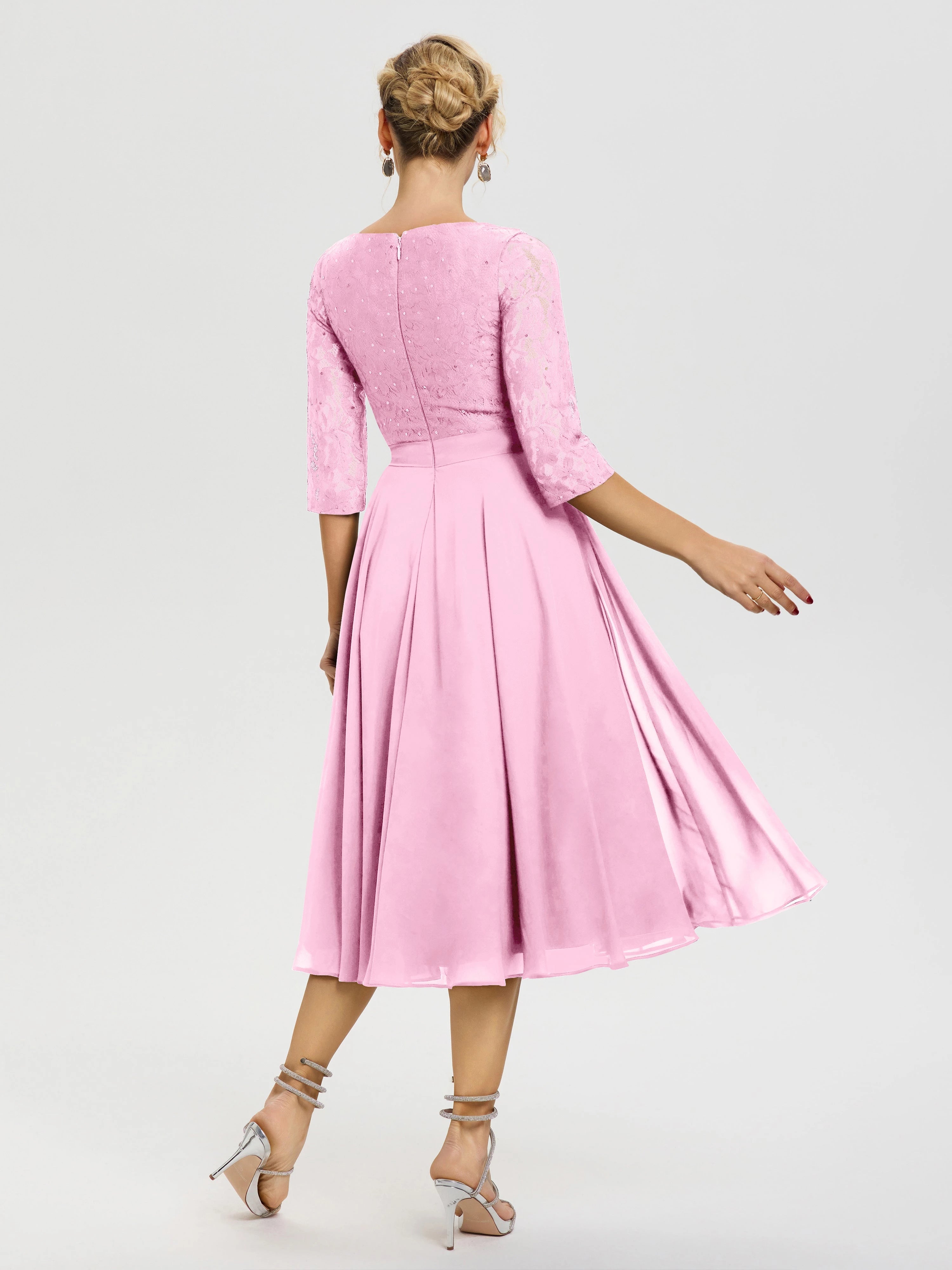 Lovely A Line Boat Neck Three Quarter Sleeve Zip Back Midi Length Mother of the Bride Dress